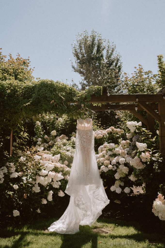 Dress hanging from arbor in Cape Horn Estate's garden with lush hydrangeas surrounding it